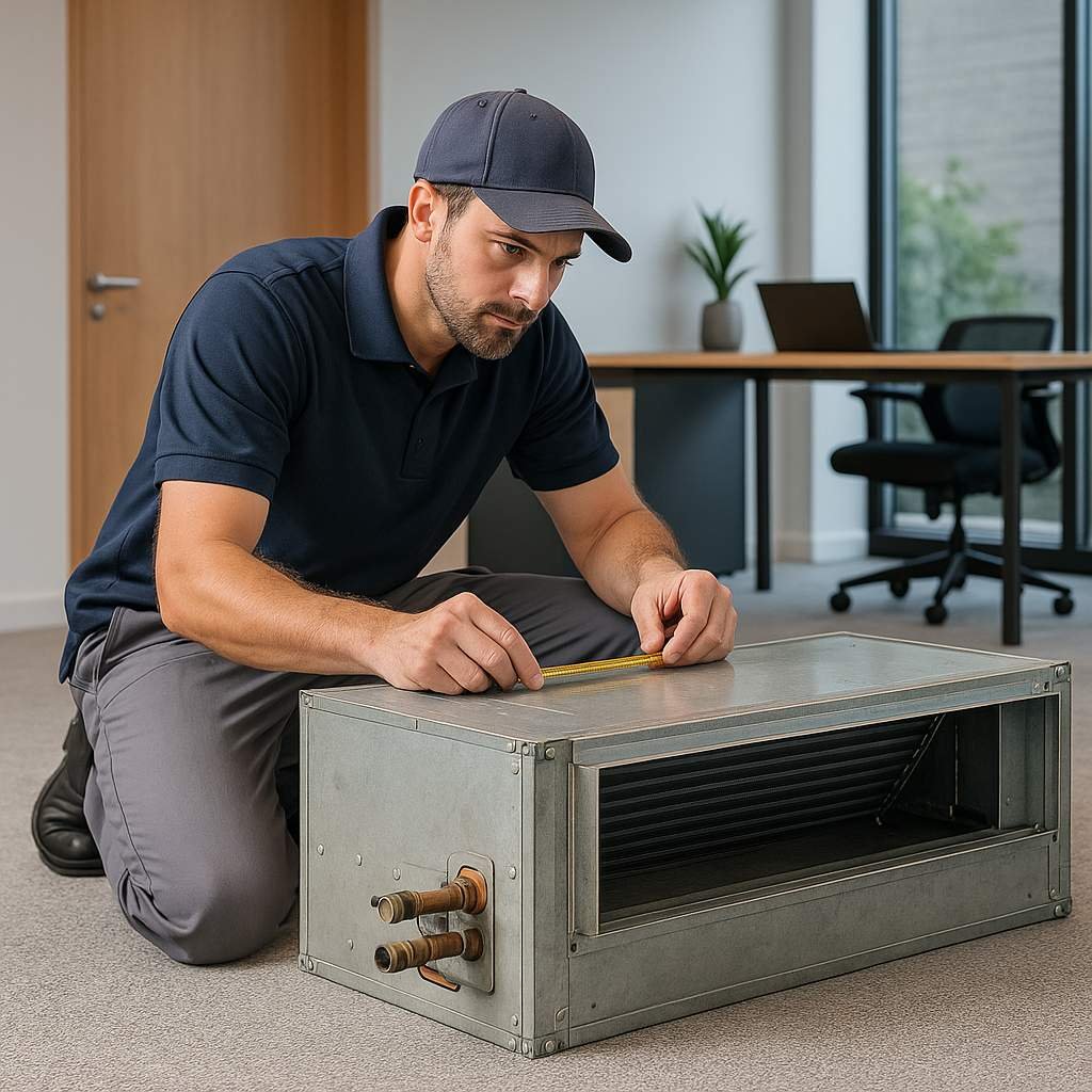 HVAC technician assessing an indoor ducted air conditioning unit laying on the floor of a modern office