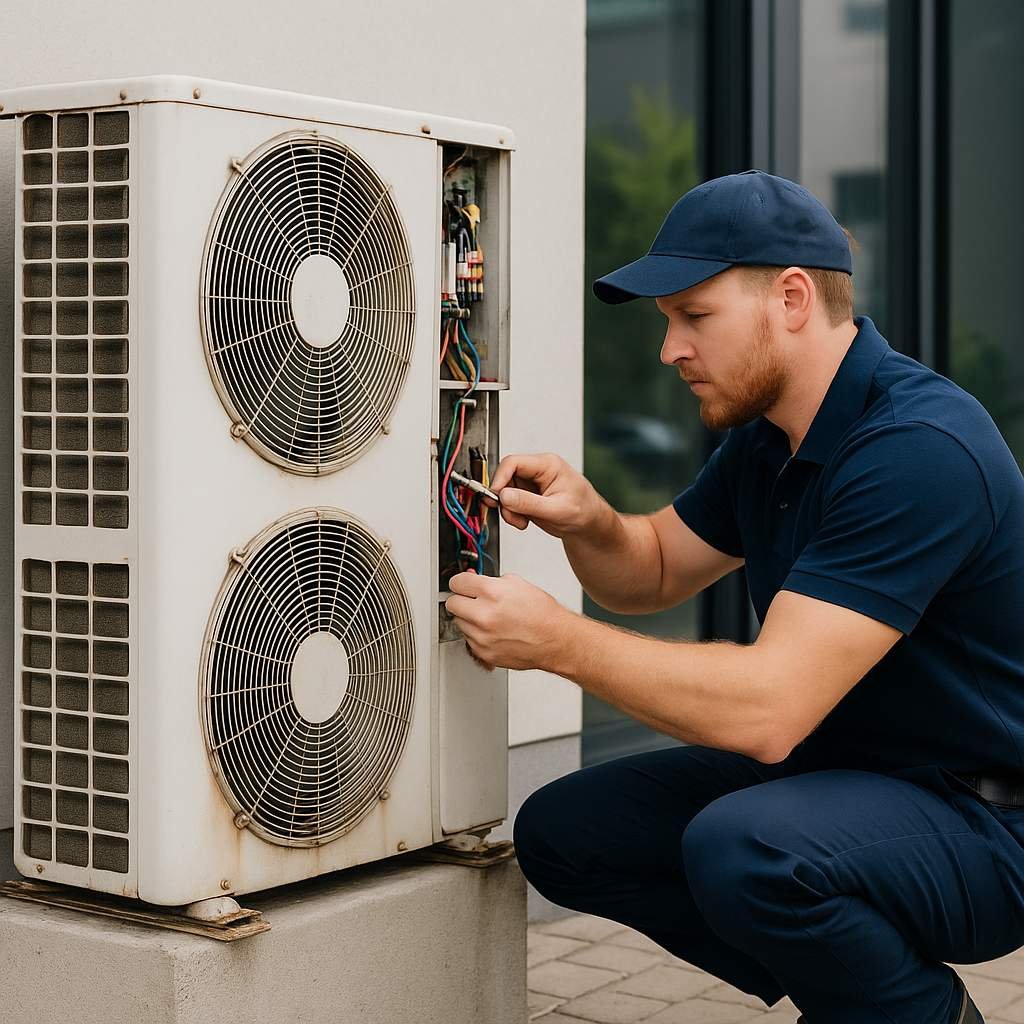 HVAC technician disconnecting power cables of a two-fan outdoor ducted air conditioning unit in front of an office building