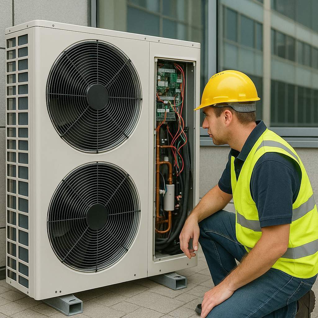 HVAC technician inspecting a brand-new ducted AC outdoor unit with two fans beside a modern Sydney office wall.
