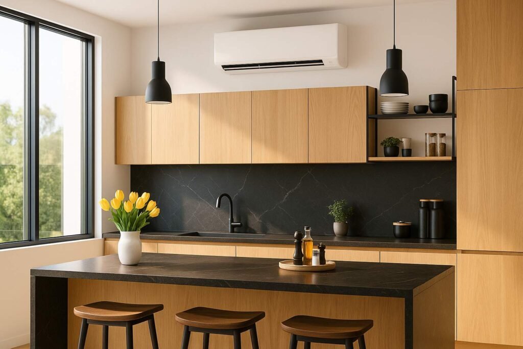 Super realistic image of a modern luxury kitchen with sleek cabinetry, island bench, natural lighting, and one wall-mounted air conditioner.