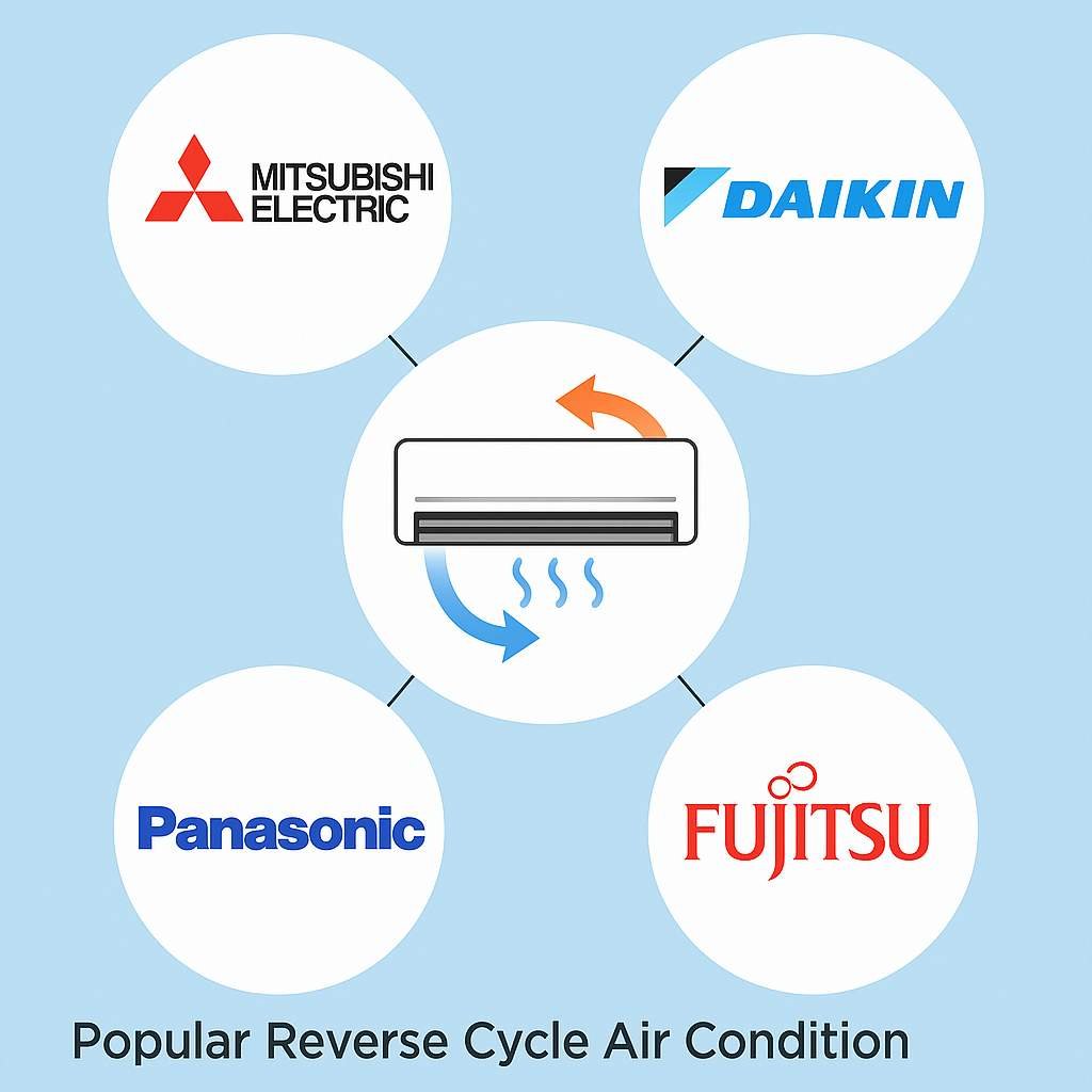 Schematic illustration showing popular reverse cycle air conditioner brands with logos of Mitsubishi Electric, Daikin, Fujitsu, and Panasonic around a central AC unit.