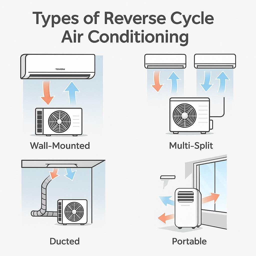 Schematic illustration showing different types of reverse cycle air conditioning, including wall-mounted, multi-split, ducted, and portable systems.