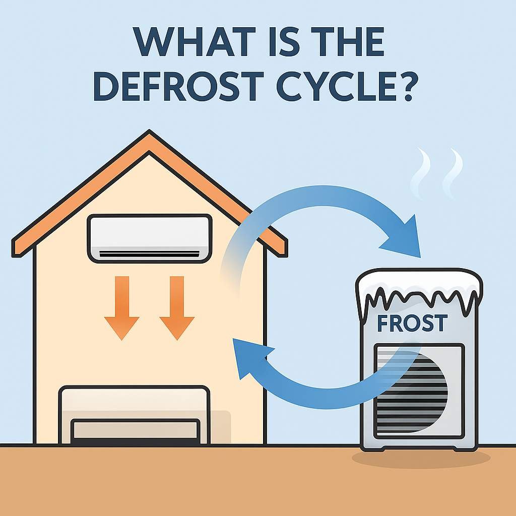 Schematic illustration showing the defrost cycle of a reverse cycle air conditioner, with frost buildup on the outdoor unit and arrows representing heat reversing to melt ice.
