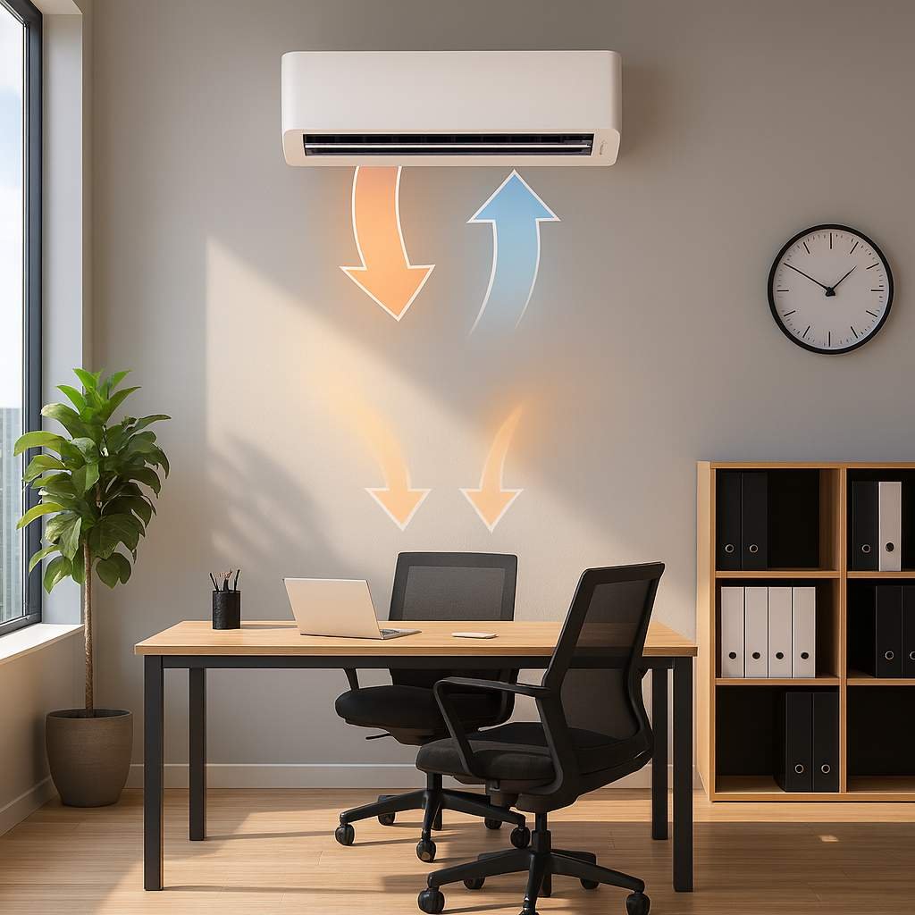 Super realistic image of a modern office with a wall-mounted reverse cycle air conditioner, showing both heating and cooling airflow with arrows.