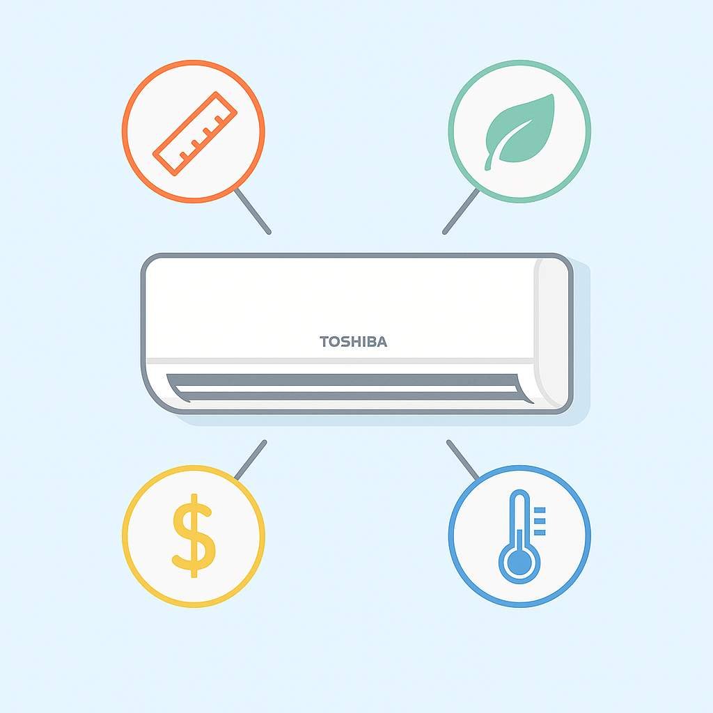 Schematic illustration of a wall-mounted air conditioner with icons showing key buying factors such as energy efficiency, cost, temperature control, and size.
