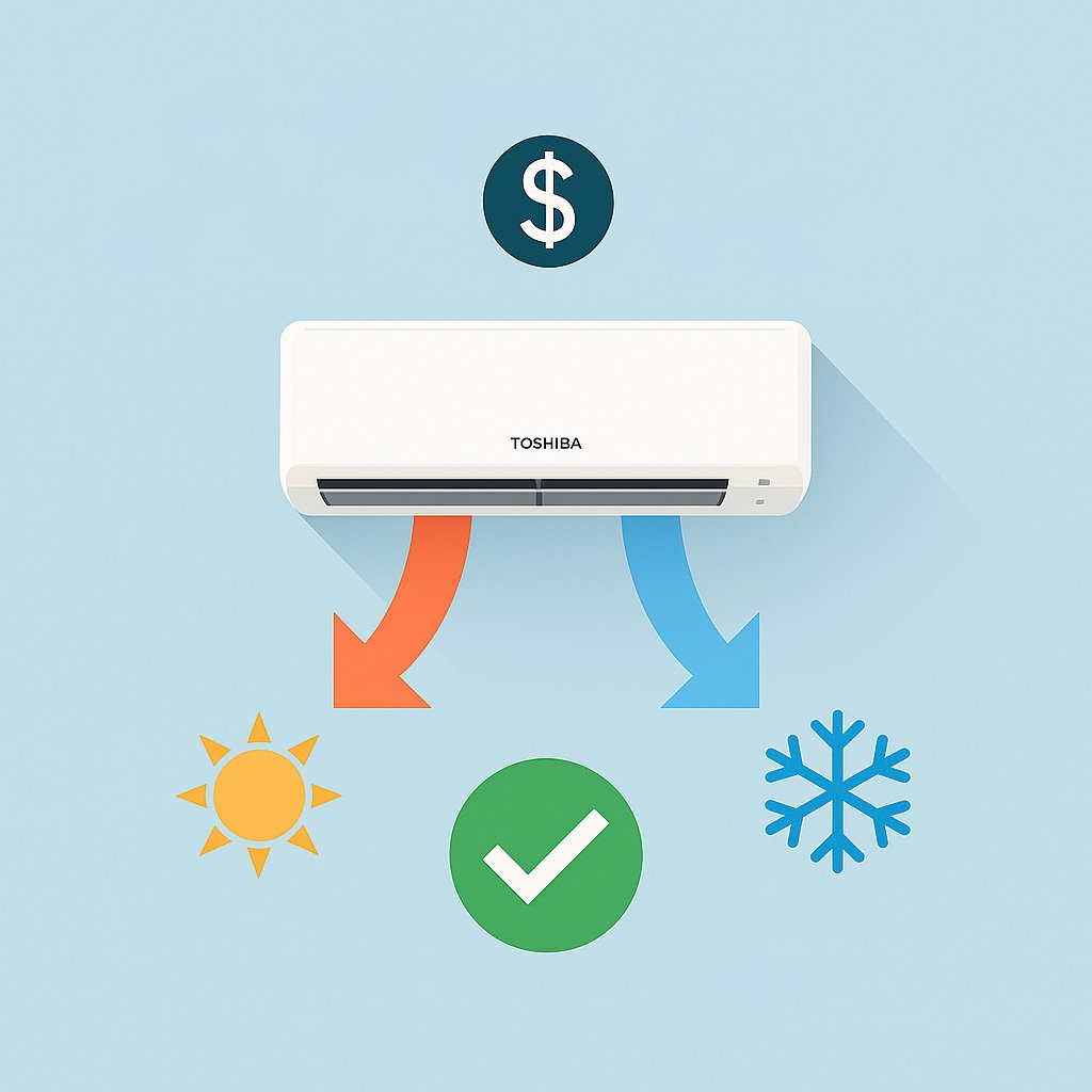 Schematic illustration of reverse cycle air conditioning showing heating and cooling airflow with eco-friendly and cost-saving efficiency symbols.