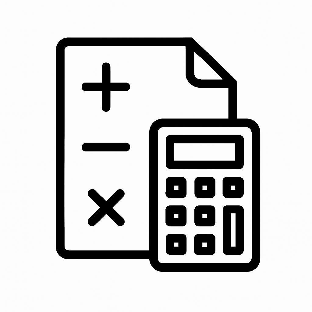 Minimalistic black and white icon showing a calculator beside a sheet with mathematical symbols representing example calculations.