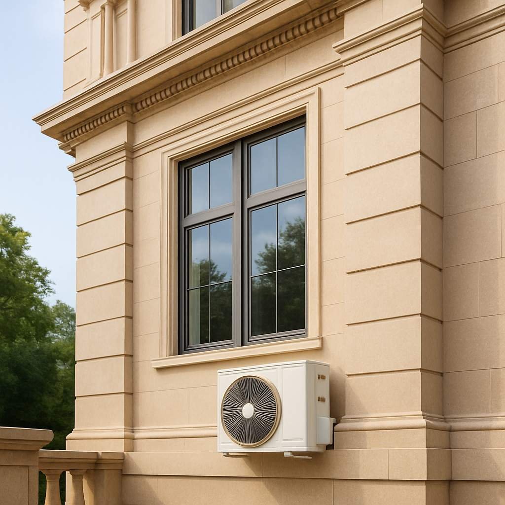 Super realistic image of a luxury modern building exterior with one wall-mounted external air conditioning unit below a large window.