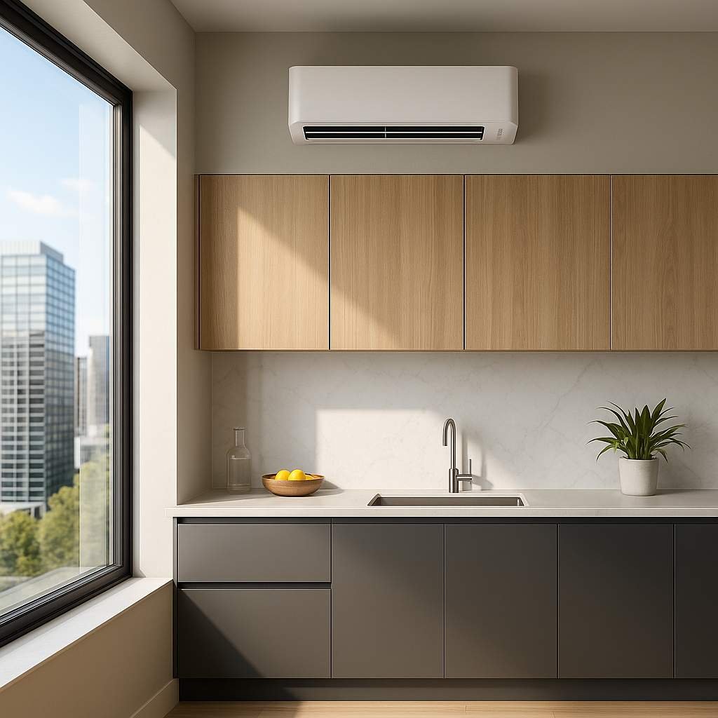 Super realistic image of a modern kitchen with a large window, natural lighting, and one wall-mounted air conditioner above the cooking area.