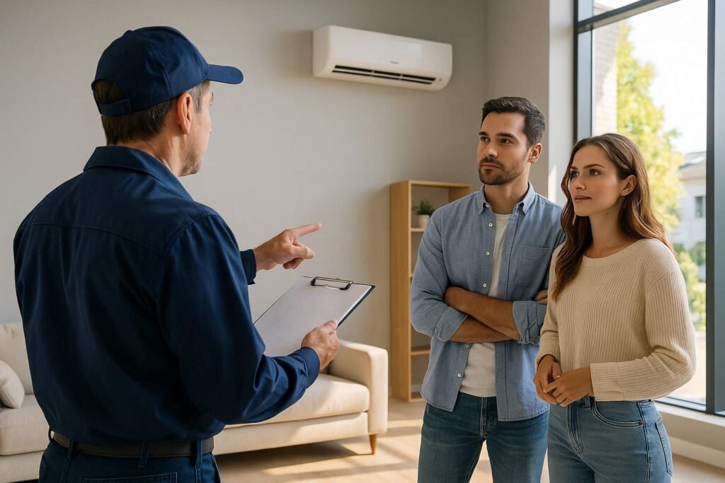Super realistic image of an HVAC technician consulting a couple in a modern living room with a wall-mounted air conditioner and large windows for natural light.
