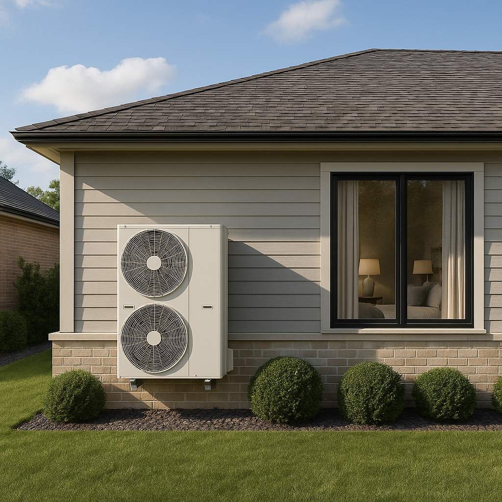 Super realistic image of a luxury one-storey modern house with a large dual-fan external air conditioning unit for a ducted AC system mounted on the exterior wall.