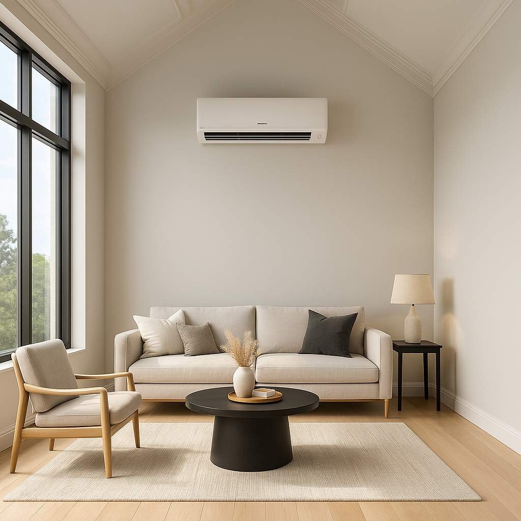Super realistic image of a high-ceiling luxury room with tall windows, elegant furnishings, and one wall-mounted air conditioner providing efficient cooling.