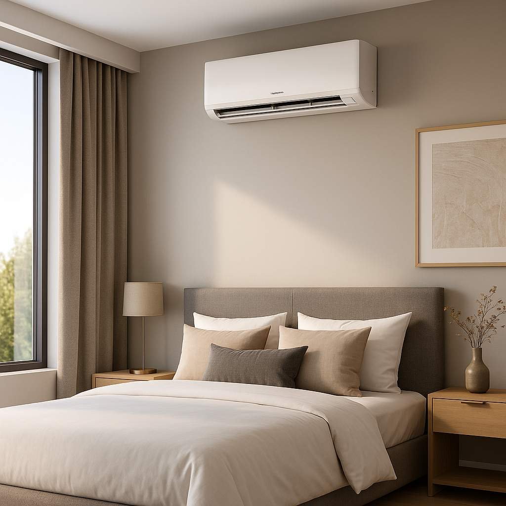 Super realistic image of a modern luxury bedroom featuring elegant decor, soft lighting, and one wall-mounted air conditioner above the bed.