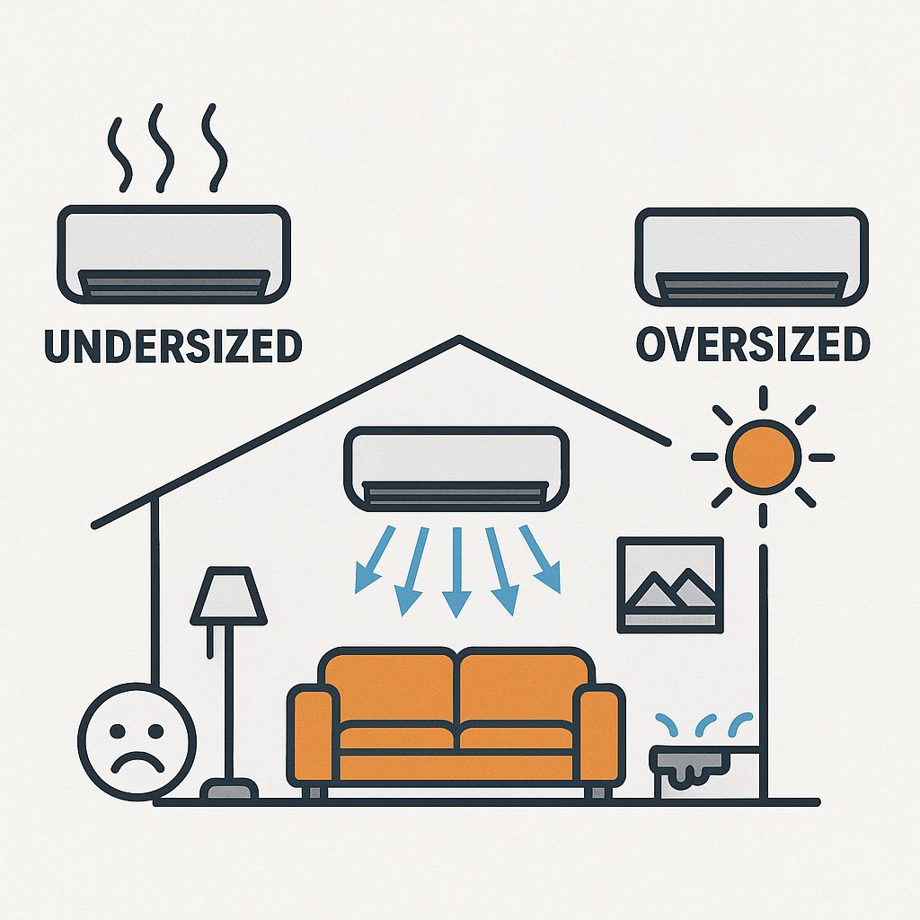 Schematic of air conditioner sizing comparison showing undersized, correctly sized, and oversized systems