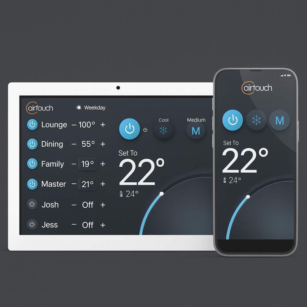 Smart home tablet and smartphone showing ducted air conditioning zone control interface
