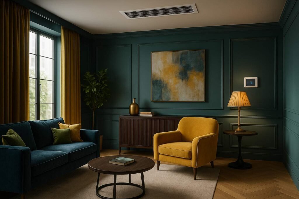 Luxury modern lounge room in golden, blue, and green colors with zone control panel on the wall and ducted air conditioning grill on the ceiling