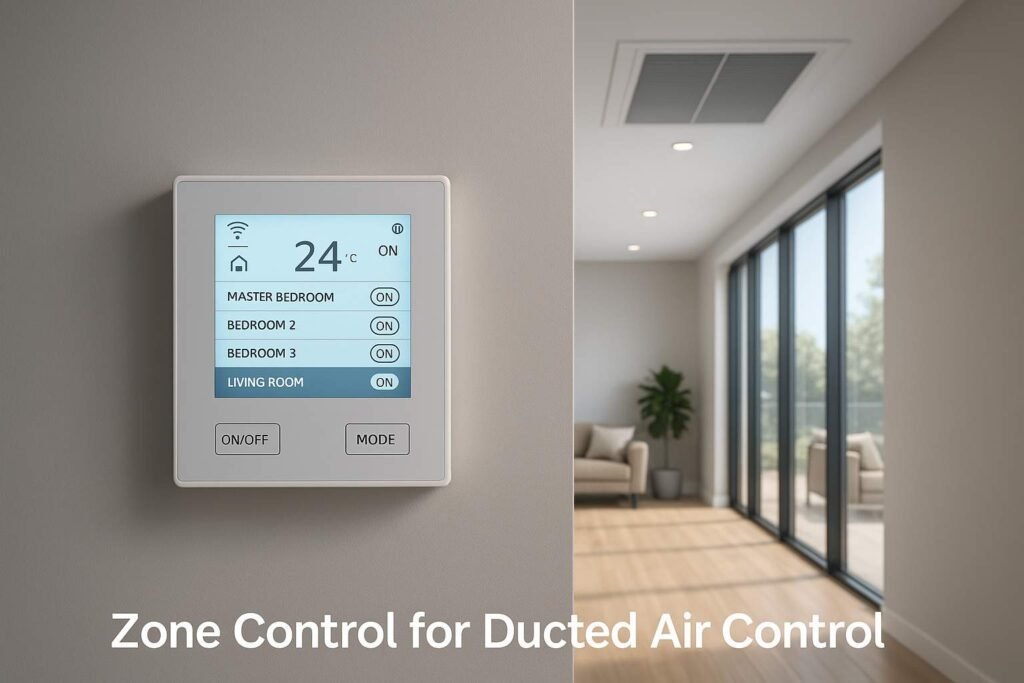 Super realistic image of a ducted air conditioning system showing zone control dampers and ducts inside a ceiling space or mechanical room.