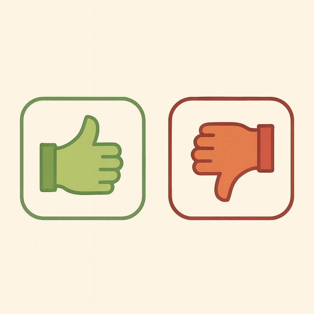 Hand-drawn green thumbs-up and red thumbs-down icons representing pros and cons