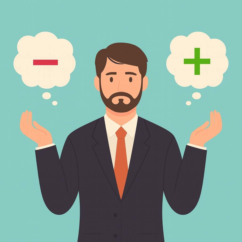 Man weighing pros and cons holding plus and minus symbols
