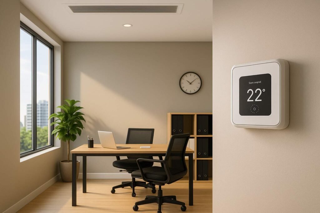 Luxury modern office interior with zone control panel on wall and ducted air conditioning grill on ceiling